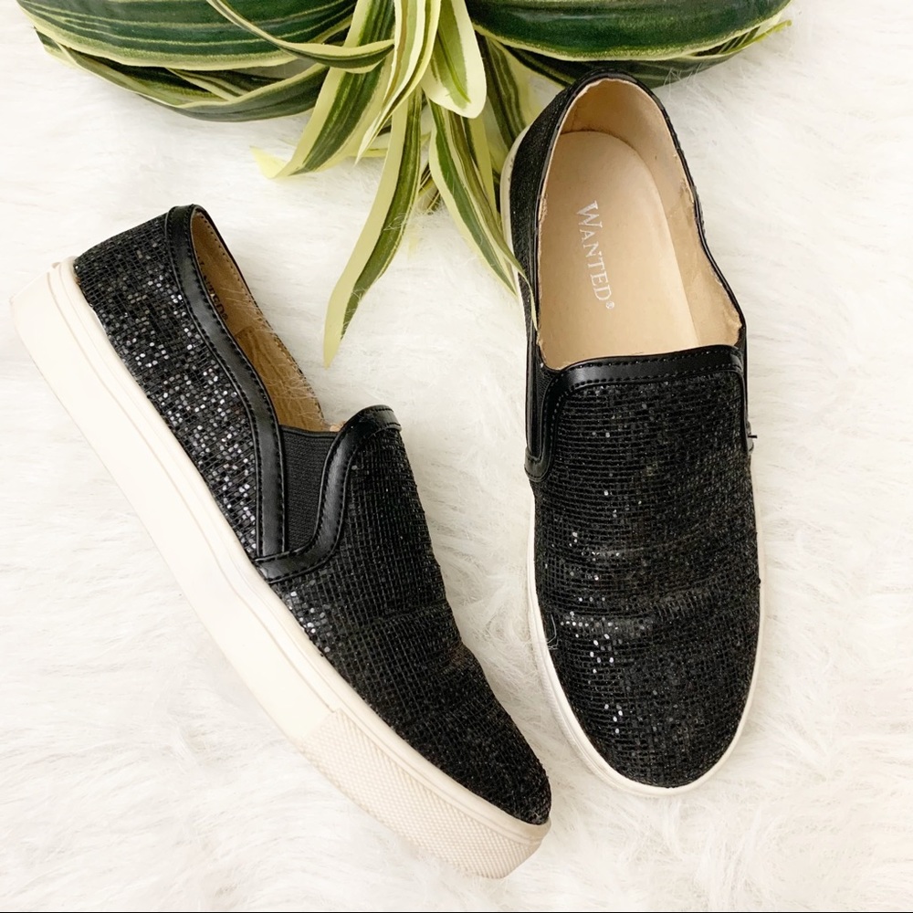 Wanted Spangle Glitter Slip-On Sneakers Black 5.5